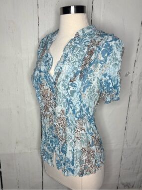 Notations Blue and Brown Floral Ruffle Button Front Blouse